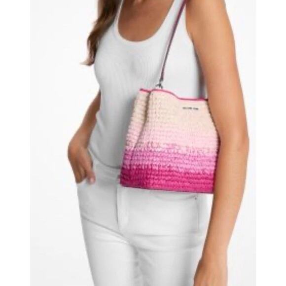 Michael Kors Pratt Women Medium Ombré Straw Bucket Shoulder Bag Dragonfruit - Picture 1 of 9